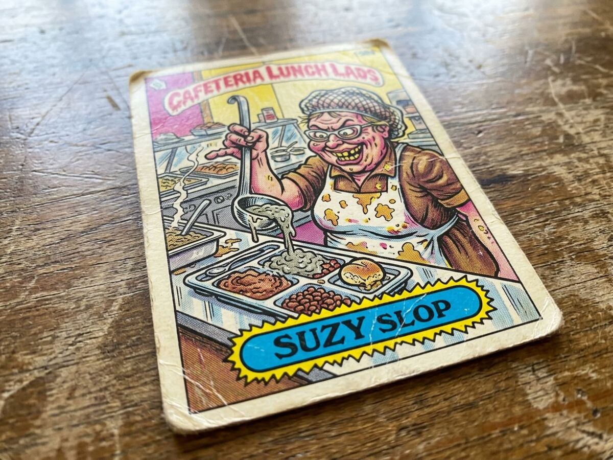 Suzy Slop, a gross-out cartoon lunch lady serving AI slop